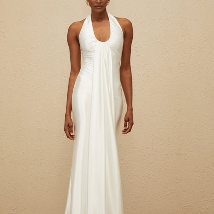 Peyton White Halter Neck Maxi Dress Satin Ruched Detailing Ribbon Design Formal Gown