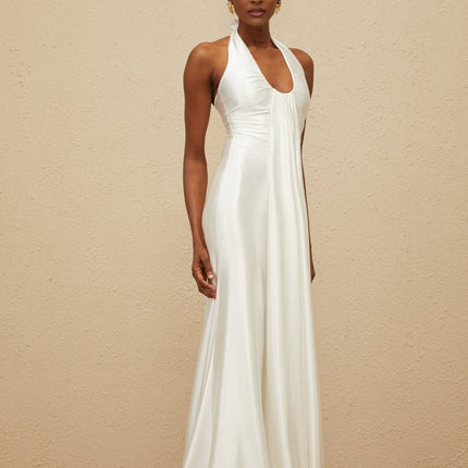 Peyton White Halter Neck Maxi Dress Satin Ruched Detailing Ribbon Design Formal Gown