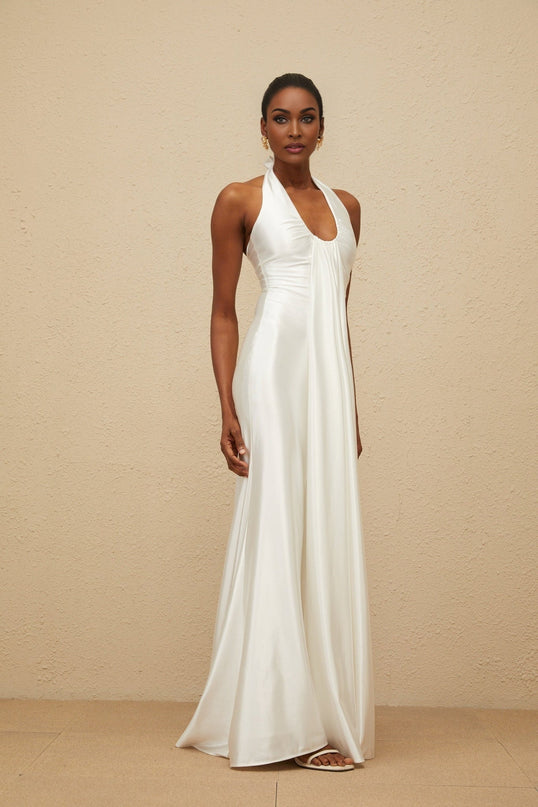 Peyton White Halter Neck Maxi Dress Satin Ruched Detailing Ribbon Design Formal Gown