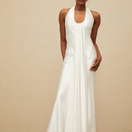 Peyton White Halter Neck Maxi Dress Satin Ruched Detailing Ribbon Design Formal Gown