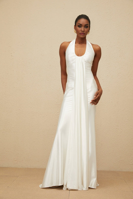 Peyton White Halter Neck Maxi Dress Satin Ruched Detailing Ribbon Design Formal Gown