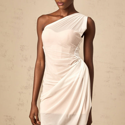 Peyton White One-Shoulder Ruched Midi Dress with Sheer Tulle Overlay