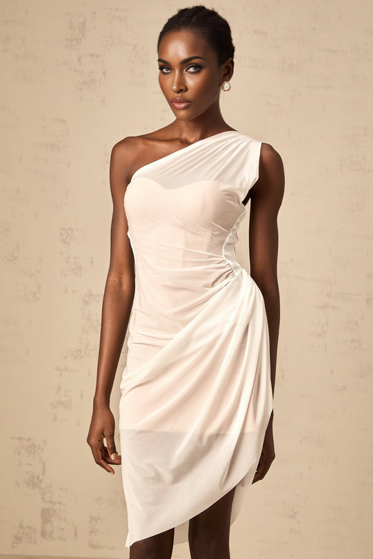 Peyton White One-Shoulder Ruched Midi Dress with Sheer Tulle Overlay