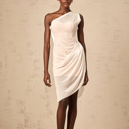 Peyton White One Shoulder Ruched Midi Dress with Sheer Tulle Overlay