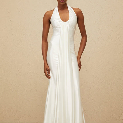 Peyton White Satin Halter Neck Maxi Dress with Ruched Detailing