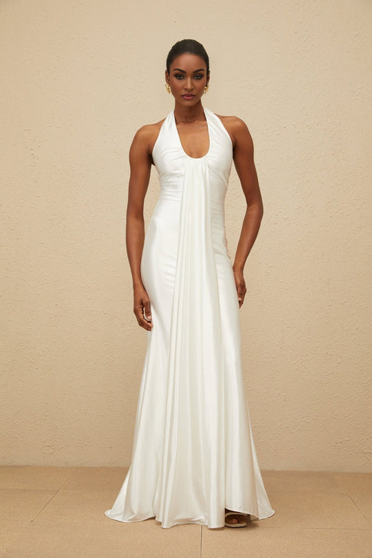 Peyton White Satin Halter Neck Maxi Dress with Ruched Detailing