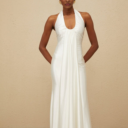 Peyton White Satin Halter Neck Maxi Dress with Ruched Detailing