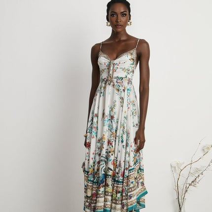 Philippine Floral Silk Midi Dress in White & Multicolor with Crystal Embellishments Twist Front Detail and Spaghetti Straps
