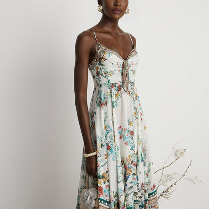 Philippine Floral Silk Midi Dress White & Multicolor
