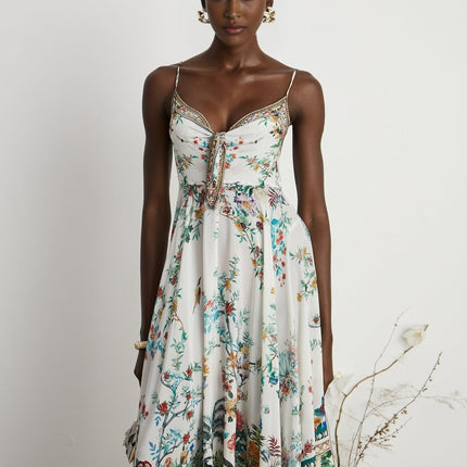 Philippine Floral Silk Midi Dress in White & Multicolor