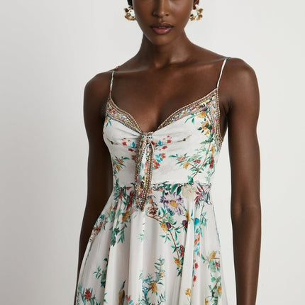 Philippine White & Multicolor Floral Silk Midi Dress with Crystal Embellishments and Twist Front Detail