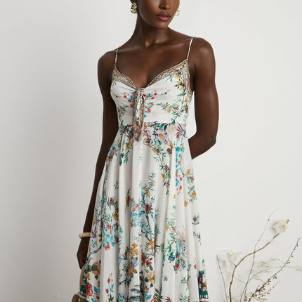 Philippine Floral Silk Midi Dress in White & Multicolor