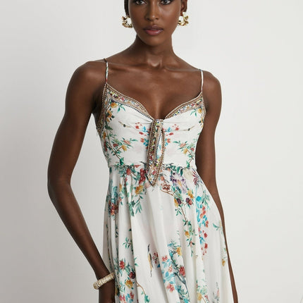 Philippine White & Multicolor Floral Silk Midi Dress with Crystal Embellishments