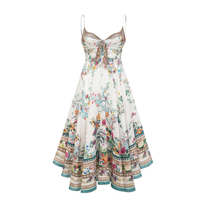 Philippine White & Multicolor Floral Silk Midi Dress with Crystal Embellishments and Twist Front Detail