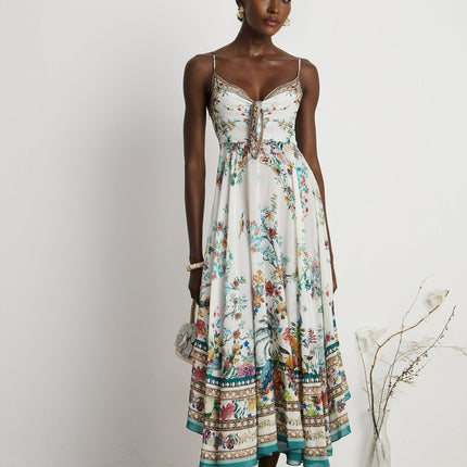 Philippine White & Multicolor Floral Silk Midi Dress with Crystal Embellishments
