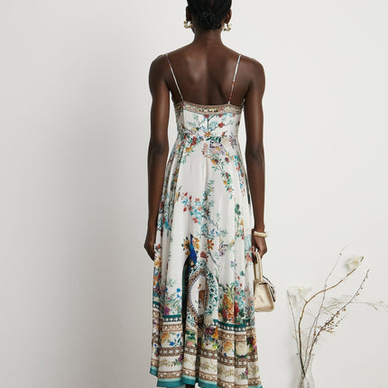 Philippine White & Multicolor Floral Silk Midi Dress with Crystal Embellishments and Twist Front Detail