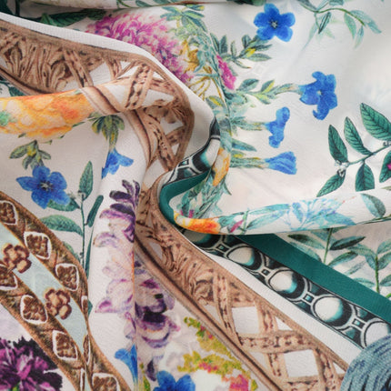 Philippine White & Multicolor Floral Silk Midi Dress with Crystal Embellishments and Twist Front Detail