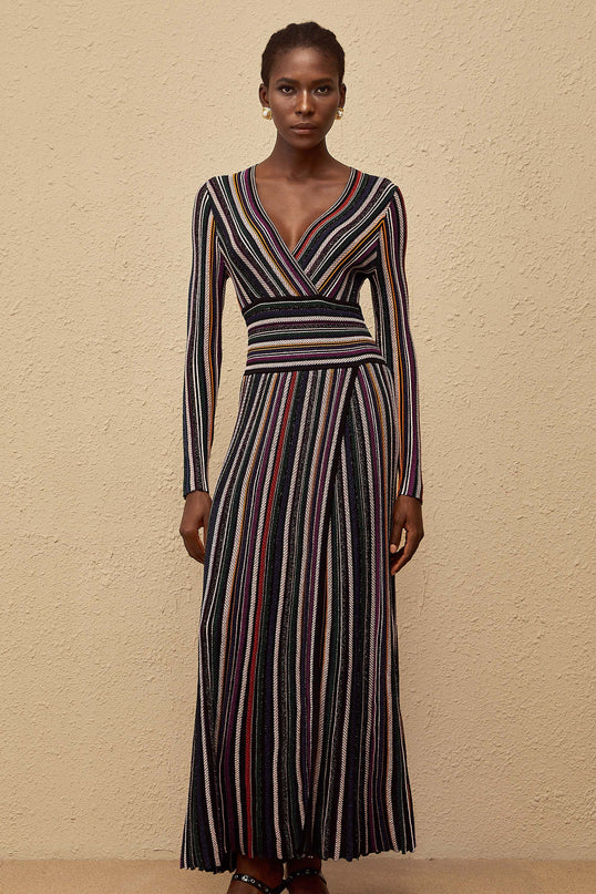 Phoebe Black Vertical Stripe Knit Maxi Dress