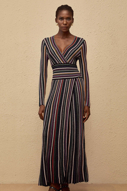 Phoebe Black Vertical Stripe Knit Maxi Dress