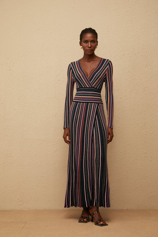 Phoebe Black Vertical Stripe Knit Maxi Dress