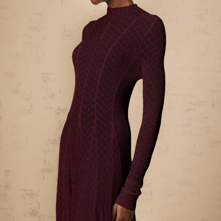 Phoebe Dark Red Maxi Dress with Long Sleeves Lace Overlay Wavy Pattern Pleated Detailing Half Lining Rear Zip Fastening