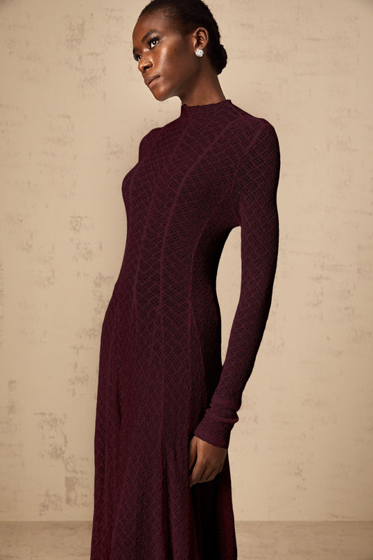 Phoebe Dark Red Maxi Dress with Long Sleeves Lace Overlay Wavy Pattern Pleated Detailing Half Lining Rear Zip Fastening