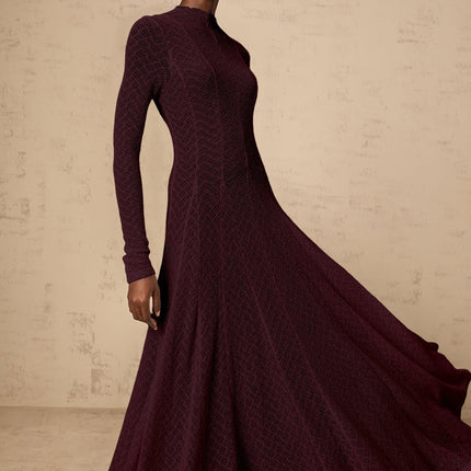 Phoebe Dark Red Maxi Dress with Long Sleeves lace overlay wavy pattern pleated detailing half lining rear zip fastening