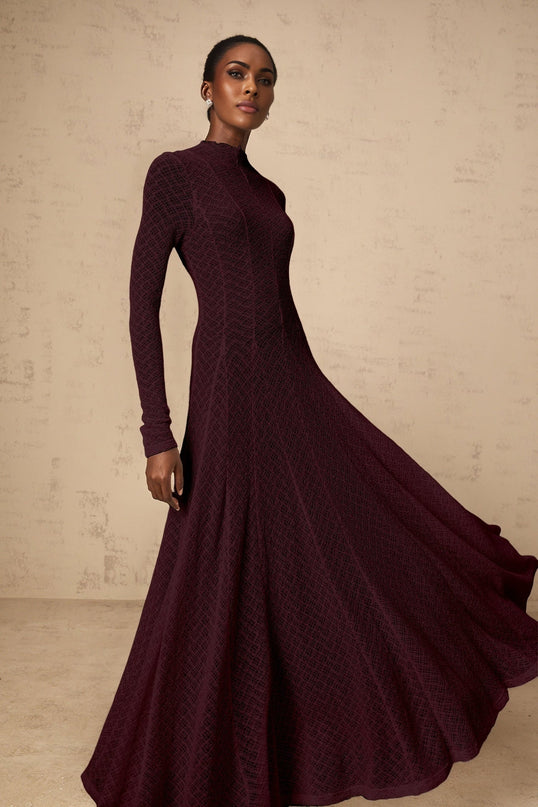 Phoebe Dark Red Maxi Dress with Long Sleeves lace overlay wavy pattern pleated detailing half lining rear zip fastening