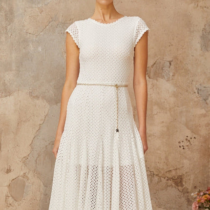 Phoebe White Crochet Shirred Chain-link Hem Midi Dress