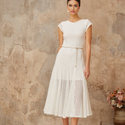 Phoebe White Crochet Shirred Chain-link Hem Midi Dress