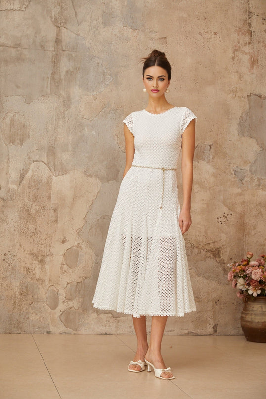 Phoebe White Crochet Shirred Chain-link Hem Midi Dress
