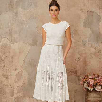 Phoebe White Crochet Shirred Chain-link Hem Midi Dress