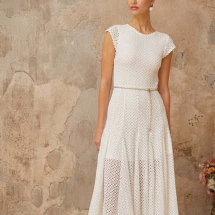Phoebe White Crochet Shirred Chain-link Hem Midi Dress