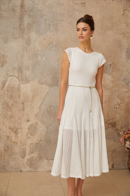 Phoebe White Crochet Shirred Chain-link Hem Midi Dress