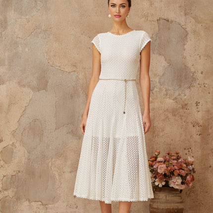 Phoebe White Crochet Shirred Chain-link Hem Midi Dress