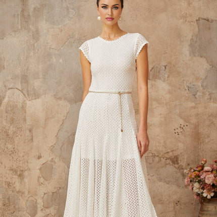Phoebe White Crochet Shirred Chain-link Hem Midi Dress