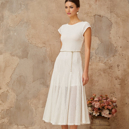 Phoebe White Crochet Shirred Chain-link Hem Midi Dress