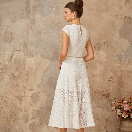 Phoebe White Crochet Shirred Chain-link Hem Midi Dress