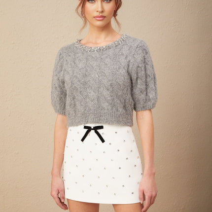 Pierina Grey Cable Knit Sweater with Crystal Embellishments