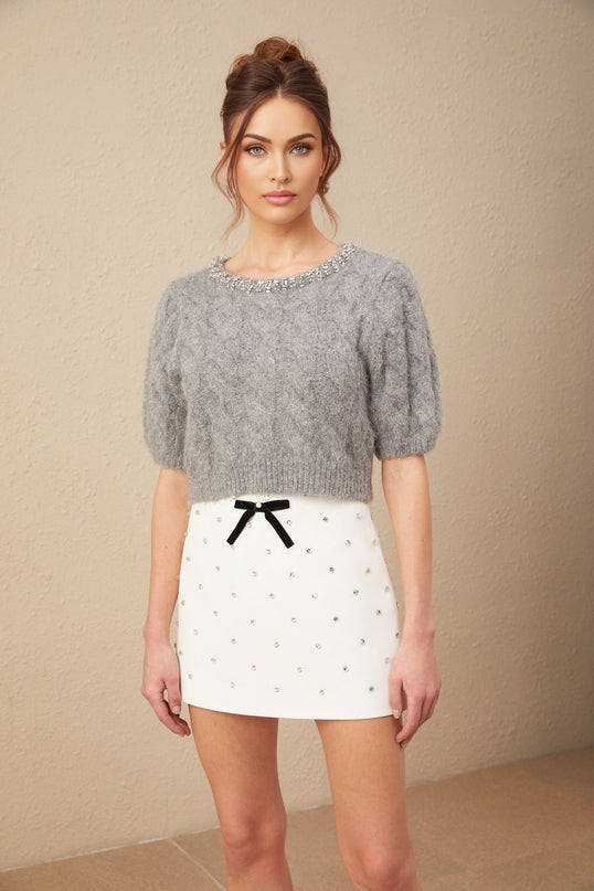 Pierina Grey Cable Knit Sweater with Crystal Embellishments