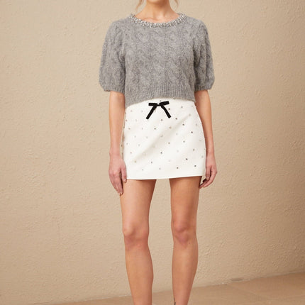 Pierina Grey Wool Cashmere Cable Knit Crystal Embellished Puff Sleeve Cropped Sweater