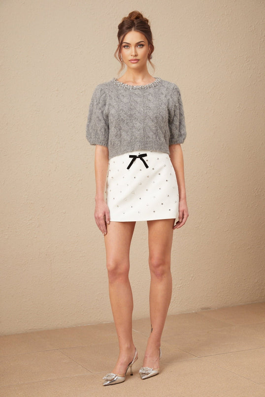 Pierina Grey Wool Cashmere Cable Knit Crystal Embellished Puff Sleeve Cropped Sweater