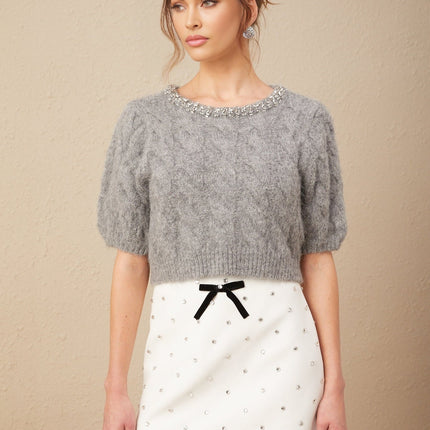 Pierina Grey Wool Cashmere Cable Knit Crystal Embellished Sweater