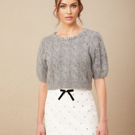 Pierina Grey Wool Cashmere Cable Knit Crystal Embellished Sweater