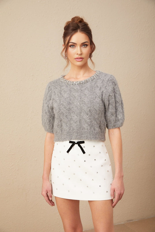 Pierina Grey Wool Cashmere Cable Knit Crystal Embellished Sweater