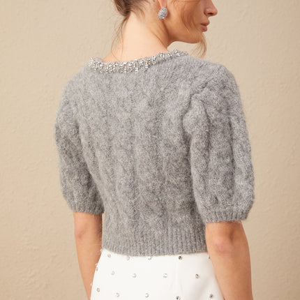 Pierina Grey Wool Cashmere Cable Knit Sweater with Crystal Embellishments