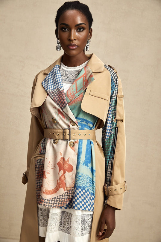 Pierina Khaki Trench Coat with Contrast Belt and Patterned Fabric