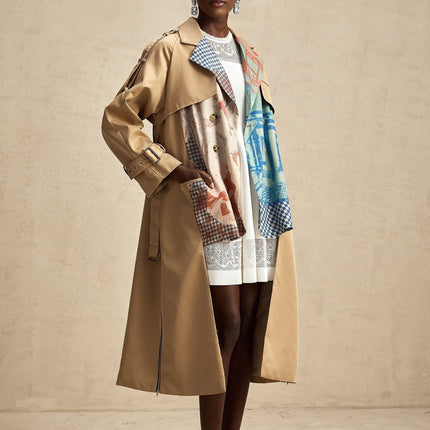 Pierina Khaki Trench Coat with Contrast Belt and Patterned Fabric
