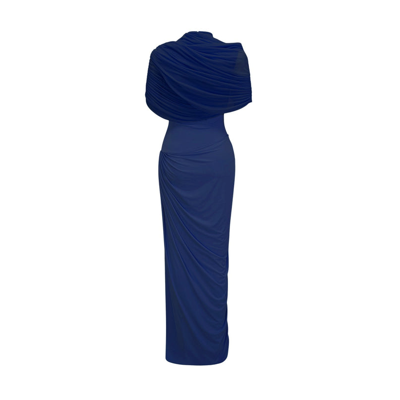 Pierina Navy Blue Maxi Dress with Shawl Design and Pleated Detailing