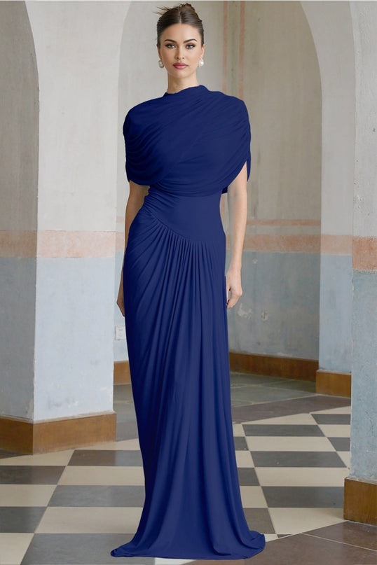 Pierina Navy Blue Maxi Dress with Shawl Design and Pleated Detailing